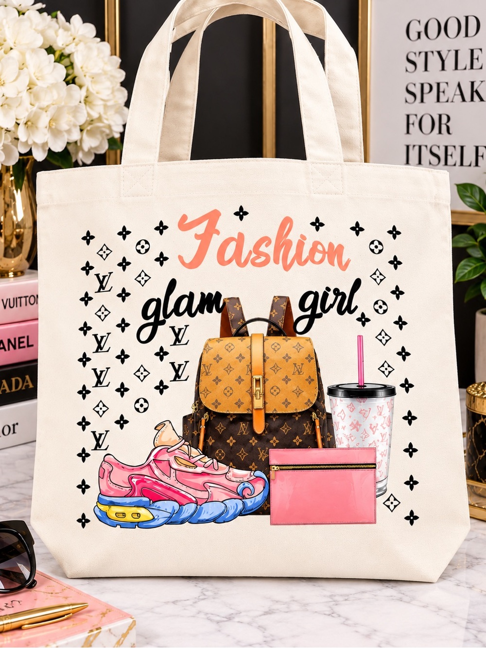 Cream Fashion Canvas Tote Bag with Pink Accents - Glam Girl Print
